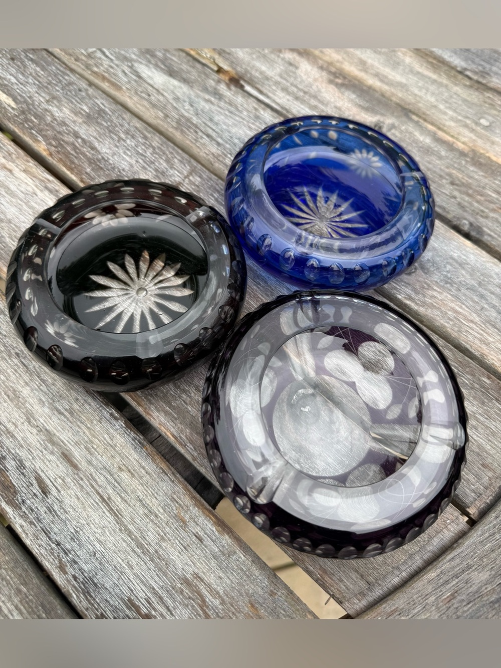 MCM Bohemian Cut Glass Ashtrays - Set of 3 Jewel Toned - Czech Crystal